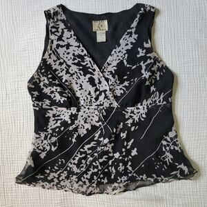 Vintage y2k iCe Womens L 100% Silk Tank Top Blouse Tie Waist Black White Floral